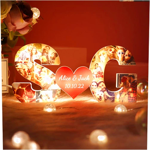 CDON Personalized Name letter Heart Photo Lights Custom Alphabet Picture Collage Lamp Photo Frame Collage for Family Christmas Pictures Gift for Mom Father Wife Friends Kids Pet Lovers Aniversary (style 1)
