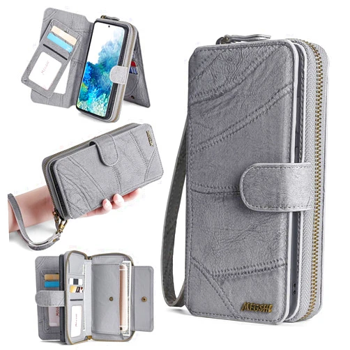 FHZXHY Galaxy Note 20 Wallet Case 2 in 1 Magnetic Zipper Leather Wallet Card Holder with Wrist Strap and Mirror Multi-Function Phone Case for Samsung Galaxy Note 20 5g 6.7 inch-Gray