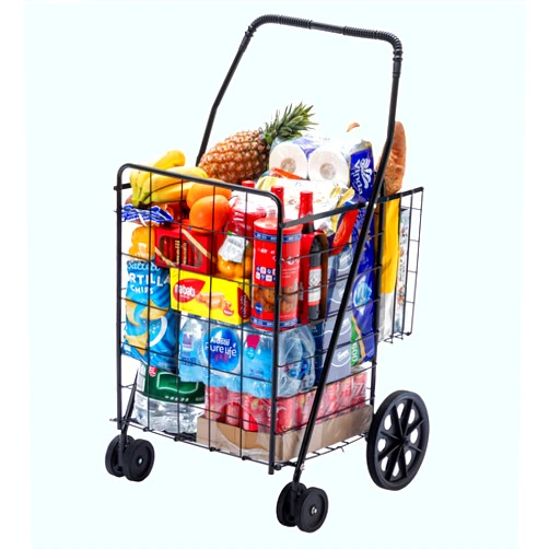 Lehboson Jumbo Folding Shopping Cart,Collapsible Shopping cart with Double Basket and 360-Degree Wheels, Utility Cart for Grocery Laundry Book Luggage Travel （Black）