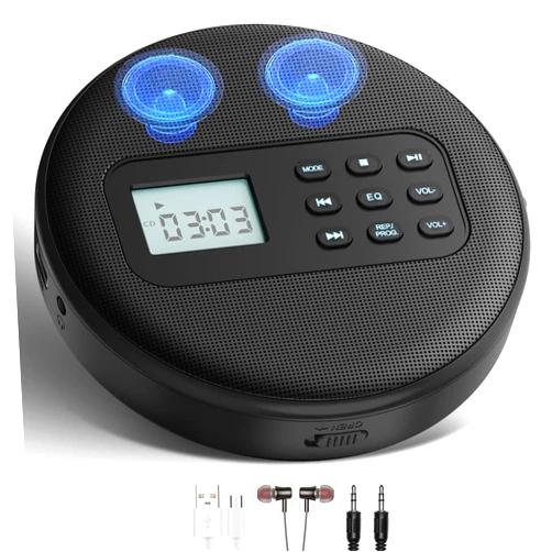 Hayerpor Portable CD Player with Speakers:Rechargeable Walkman CD Player for Car with Anti-Skip Protection,Discman CD Player with Headphones,Plays Recorded MP3/Audiobook/CD/USB with Memory,Backlit.