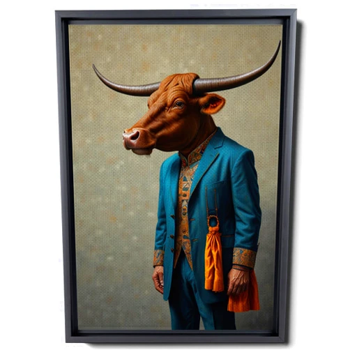 HHTA LUNAMOM Bull Vintage Portrait, Renaissance Animal Painting, Altered Art Print, Animal Head Human Body, Framed Art Decor, Print