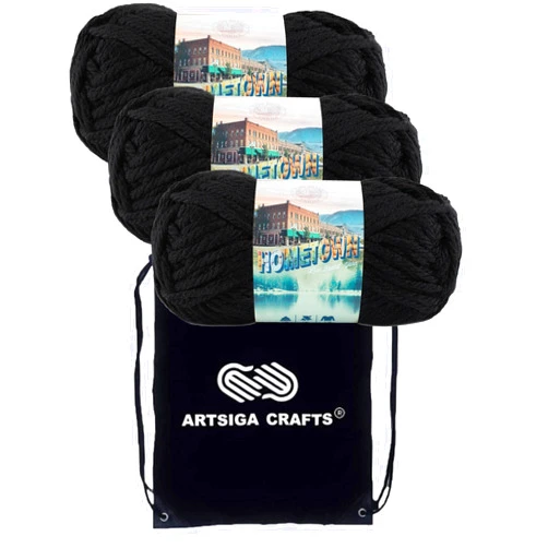 Lion Brand Yarn Lion Brand Hometown South Dakota Black 135-153 (3-Skeins - Same Dye Lot) #6 S Bulky Acrylic Yarn for Crocheting and Knitting - Bundle with 1 Artsiga Crafts Project Bag