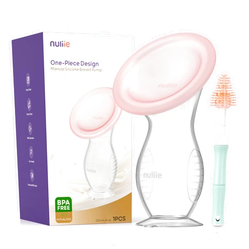 Nuliie Silicone Manual Breast Pump with Leak-Proof Lid & Suction Cup, 4oz/120ml BPA-Free, Wearable Hand Pump Breastmilk, Breast Milk Collectors for Breastfeeding Essentials, Includes Cleaning Brush
