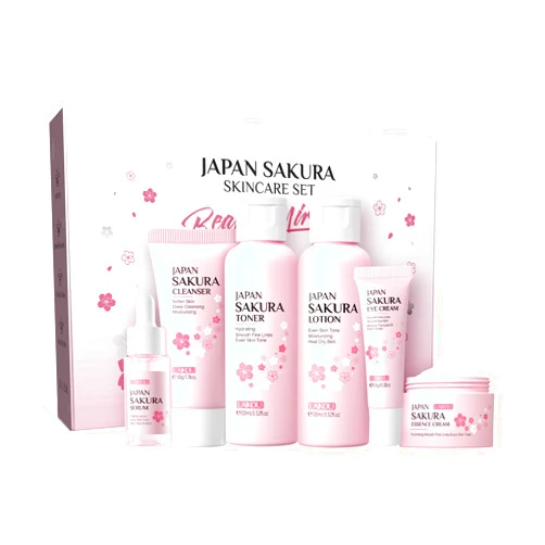 LAIKOU Skin Care Set JAPAN SAKURA Women Beauty Gift Sets Skin Care Kit with Cleanser, Toner, Lotion, Serum, Eye Cream, Face Cream Travel Kit for Women Teen Girls Mom Daughter TSA-friendly Sizes 6pcs
