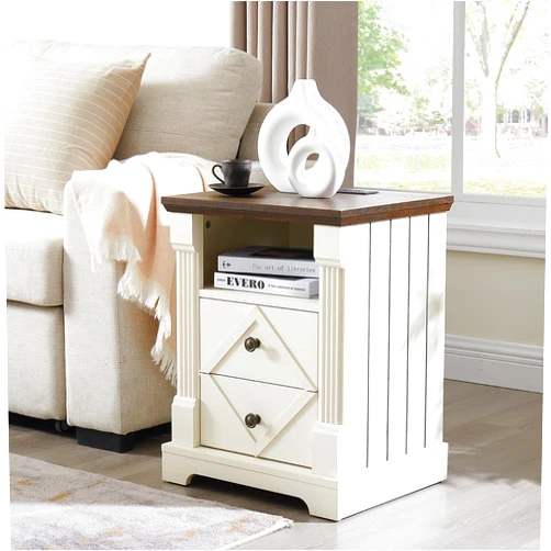 Minifeel Nightstand with Charging Station, Rustic 18 Inch Farmhouse End Table with Barn Door, Wood Sofa Side Table with 2 Storage Drawers for Living Room, Bedroom, Entryway(Antique White)