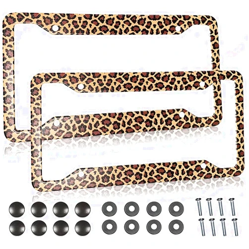 PAUSEBOLL Leopard Cheetah Print License Plate Frames Covers Holder Brown Leopard Print Car Tag Frame Covers Holder Aluminum Metal 4 Holes 2 Pcs Set Decorative for Women Vehicles