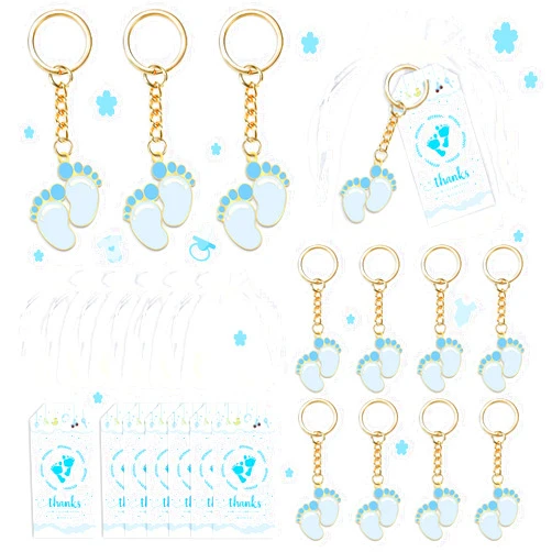 BUYWUMORE 12 Sets Baby Shower Favors for Boy Blue Footprint Keychain Gifts with White Organza Bags and Thank You Tags for Oh Baby It's a Boy Baby Shower Party Decorations Supplies(Boy)
