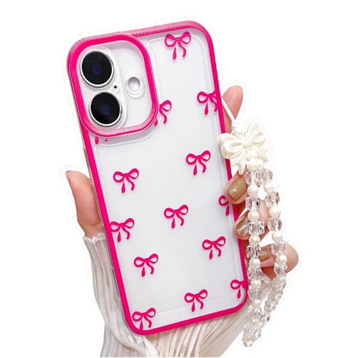 MINSCOSE for iPhone 16 Clear Case, Cute Bow Love Heart Pattern Transparent Ribbon Design with Charms Chain Bracelet, Stylish Slim Shockproof TPU Protective Cover for Women Girls 6.1