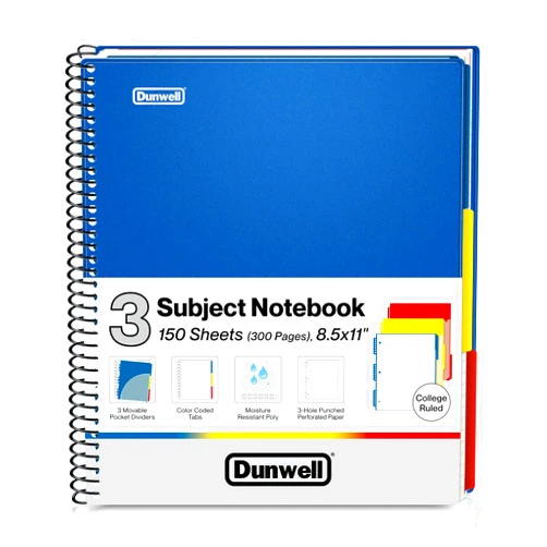 Dunwell 3-Subject Notebook College Ruled 8.5 x 11 (Blue) - 150 Sheets/300 Pages, Spiral Notebook 8.5x11 with Tabs, Movable Dividers, Pockets, Front/Back Plastic Covers, Multi Subject Notebook