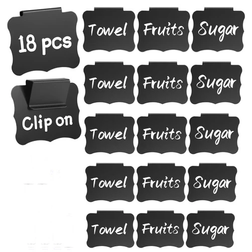 NIUBIER 18 Pcs Basket Labels for Storage Bins, Black Removable Bin Labels with White Chalk Markers, Reusable Clip On Labels, Erasable Basket Tags for Fabric Storage, Pantry, Organization Box
