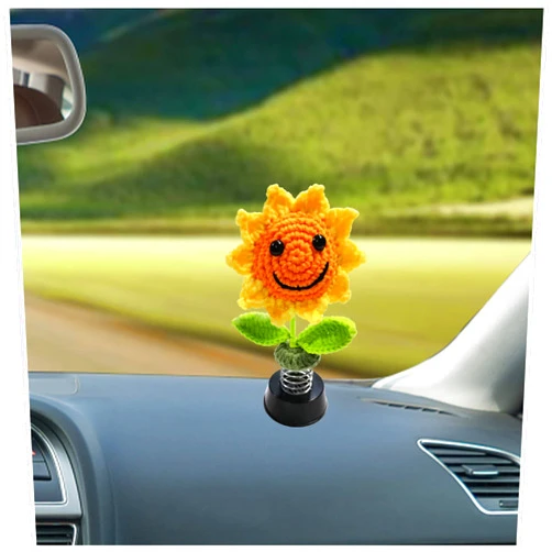 CONSIO Shaking Sunflower Car Accessories Dashboard Decorations, Smiley Handmade Knitted for Car Interior Home Office Desk Decoration