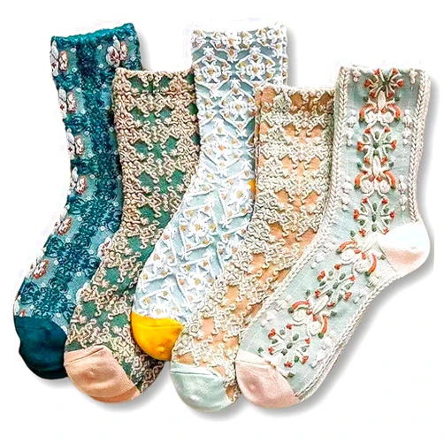 MarJunSep Cute Floral Crew Socks for Women Teen Girls Flower Cottagecore Frilly Vintage Fancy Cotton Socks