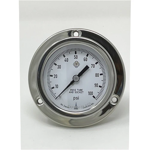 McDaniel Controls KDP 0-100PSI, 1/4INCH NPT, Gauge, 2.5INCH, FILLABLE, SS, FLANGED, Lower Rear Panel Mount