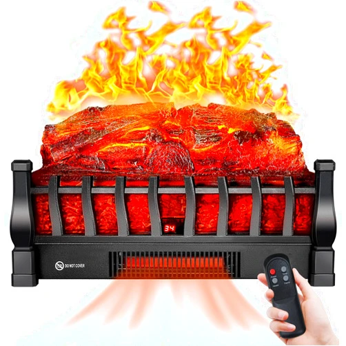 Alpaca Electric Fireplace Logs Inserts Heater with Infrared Remote Controller 5 Flame Brightness 24 H Timer Overheating Protection for Home and Office Decor Black