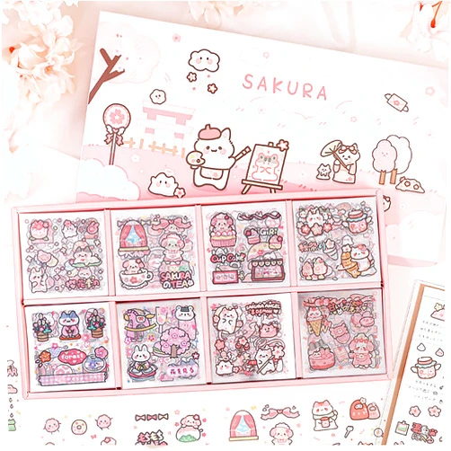Doraking Waterproof Vinyl Transparent Flower Stickers, Kawaii Stickers for Notebook Laptop Scrapbook Journaling, 200 Sheets Pink Cartoon Cute Stickers Boxed Gifts for Kids Teens Girls Boys