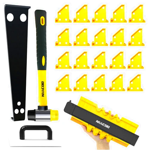 NAACOO Laminate Flooring Tools, LVP Installation Kit, Professional Vinyl Flooring Tools - Tapping Block with Handle, 10” Contour Gauge, Pull Bar, 2 in 1 Spacers, Double-Faced Mallet.