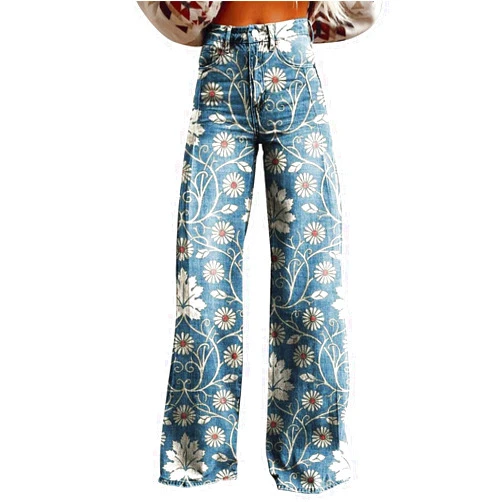 Generic Vintage Floral Print Wide Leg Pants Woman Casual Plus Size Straight Leg Bootcut Flare Pants Long Trousers with Pocket