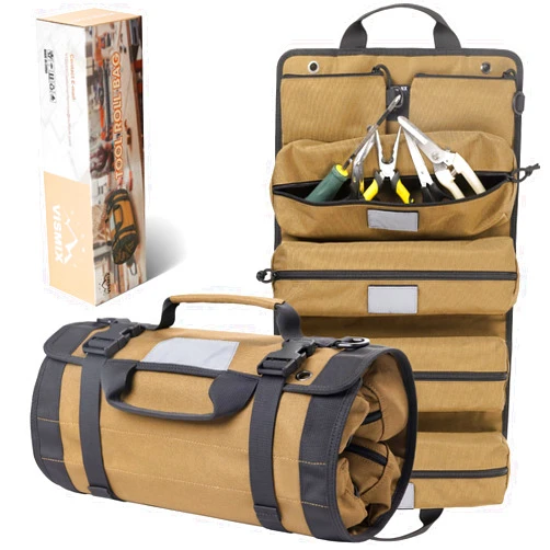 VISMIX Tool Roll Bag Organizers- Heavy Duty Roll Up Tool Bag Organizer 6 Tool Pouches with Labeled, Small Tool Bag Removable Pouches, Gifts for Electrician,Carpenter, Plumber, Mechanic, Hobbyist