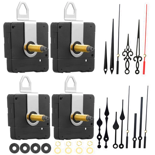 Hicarer Clock Movement Mechanism with 5 Different Pairs of Hands, High Torque Long Shaft Clock Movement Quartz Repair Parts Replacement with Hook and Paster, 32 Mm/ 1.26 Inches (4 Pieces)
