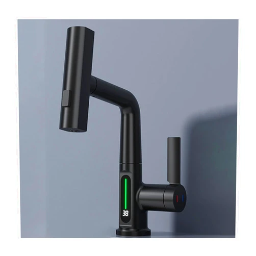 ASCDAP Bathroom Sink Faucet with LED Temperature Display,Waterfall Rainfall Faucet with Pull Out Sprayer,Single Handle Liftable Basin Mixer Tap,Black