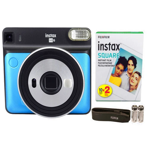 Fujifilm Instax Square SQ6 + Fujifilm Instax Square Instant Film (20 Sheets) Bundle with Sturdy Tiger Stickers + Deals Number One Cleaning Cloth (Metallic Blue)