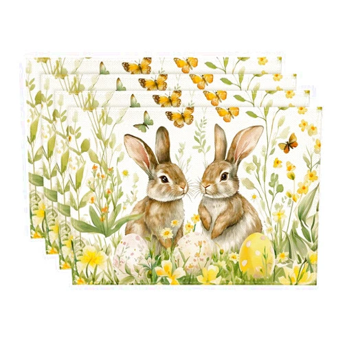 Artoid Mode Egg Bunny Rabbit Butterfly Floral Easter Placemats Set of 4, 12x18 Inch Spring Table Mats for Outdoor Home Party Kitchen Dining Decor