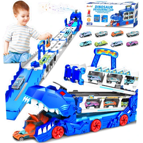 Niwoed Carrier Truck Toys for Kids, 6-FT Race Track and 8 Die-Cast Metal Toy Cars, Dinosaur with Race Track Ultimate Transporter, Racing Car with Sound Toddler Toys Gifts for Age 3 4 5 6 7 8Years Old