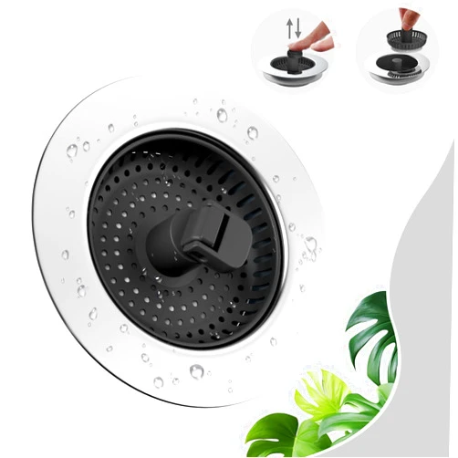 Hibbent Universal 3 in 1 Kitchen Sink Drain Strainer with Sink Stopper, Chrome Stainless Steel Wraped Shell, Anti-Clogging Basket Strainer, Foldable Handle, Fit for US Standard 3-1/2