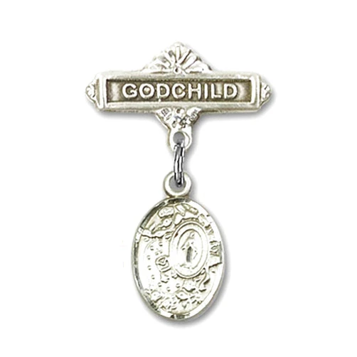 Bonyak Jewelry Saint Medal Collection Sterling Silver Baby Badge with Miraculous Charm and Godchild Badge Pin 1 X 5/8 inches