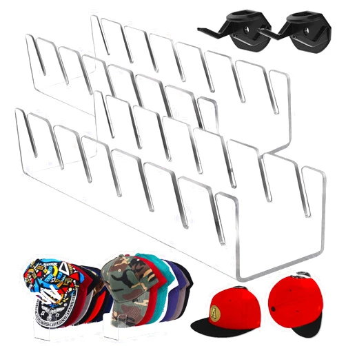 Dosanlues Hat Stand for Baseball Caps - 2 Pack and 2Pcs Hat Holder No Install for 16 Baseball Caps Storage, 2024 Acrylic Hat Organizer and Display for Closet Dresser Bedroom Shelf Wall (Clear)