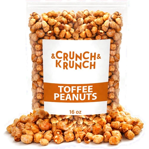 Crunch & Krunch Butter Toffee Peanuts Snack - Delicious Gourmet Crunchy Candy Coated in Old Fashioned Toffee, Local Made Butter Toffee Peanut Treat Packed in Resealable Bag Guarantees Freshness - 16oz