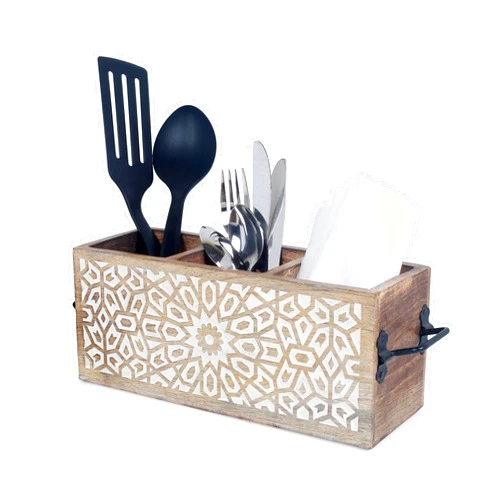 TrendBell Wooden Utensil Caddy for Kitchen Countertop 3-Slot, Multi-Purpose Wooden Desk Organizer Work Desk, Bathroom, Cutlery Caddy, Office Supplies Organizer – 11 X 4.5 Inches