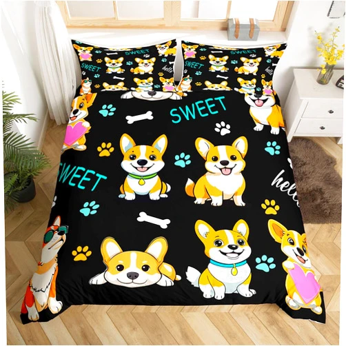 Feelyou Kids Dog Duvet Cover Cute Pet Puppy Bedding Set Cartoon Welsh Corgi Paw Comforter Cover for Boys Girls Children Teens Bedroom Decor Animal Theme Bedspread Cover Full Size with 2 Pillow Case