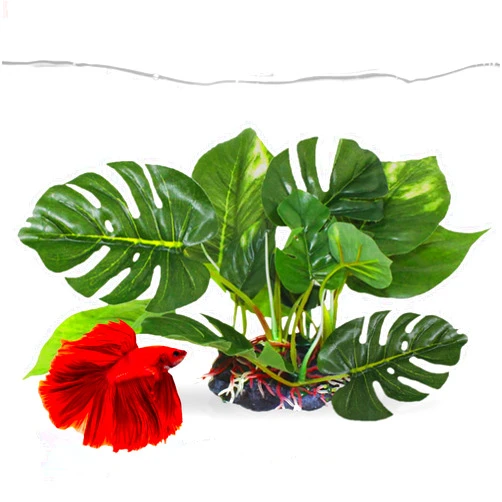 SunGrow Plastic Leaf Plant, Heavy-Duty Ceramic Base, Hiding Spot for Fish, Betta, Angelfish, Gold Fish, Frog, Python, Reptiles, Amphibians (6 Inches, 1, Count)