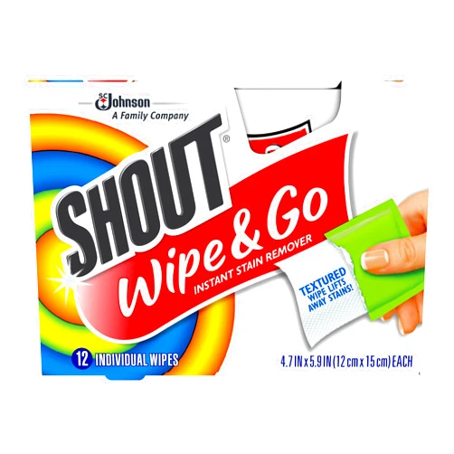 Shout Wipes Stain Remover for Clothes Laundry, Instant Stain Remover and Individually Wrapped, Travel Essentials, Works on Everyday Stains, 12 Wipes per Carton (6 Cartons)
