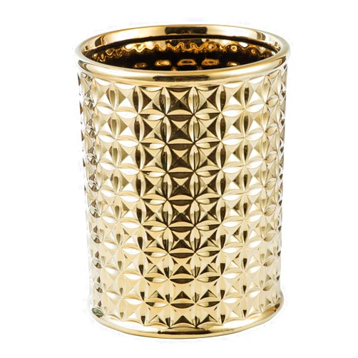 BASDHE Round Golden Trash Can, Small Wastebasket, Garbage Receptacle Bin for Bathrooms, Powder Rooms, Kitchens, Home Offices - Durable Ceramics