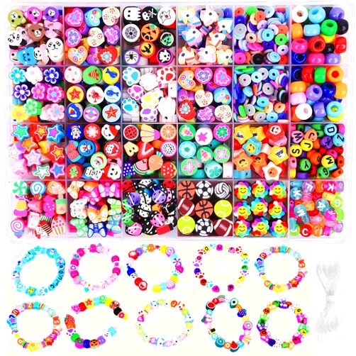 BBita 1000PCS Polymer Clay Beads Bracelet Making kit, 24 Style Cute Fun Beads Fruit Flower Animal Cake Butterfly Heart Beads Charms for Jewelry Necklace Earring Making DIY Accessories for Women Girls