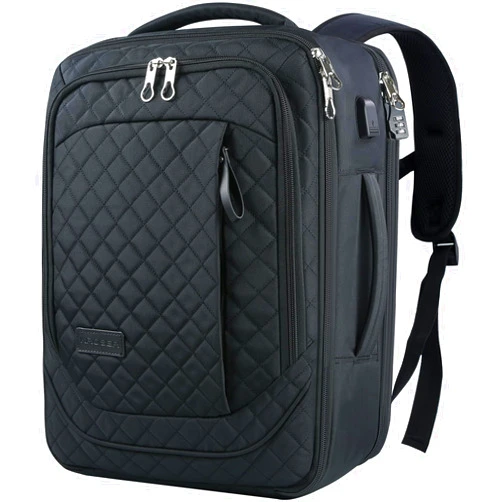 KROSER Laptop Backpack Large Computer Carry On Backpack Fits up to 17.3 Inch Laptop with USB Charging Port Water-Repellent Travel Backpack Casual Daypack for Business/College/Women/Men-Quilted Black