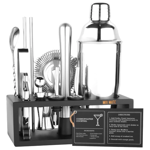 MixMate Mixology Bartender Kit with Stand - 15 Piece Bar Tool Set, Silver Bar Set Cocktail Shaker Set for Drink Mixing - includes Martini Shaker, Jigger, Strainer, Bar Mixer Spoon, Tongs, Opener | Gift Idea