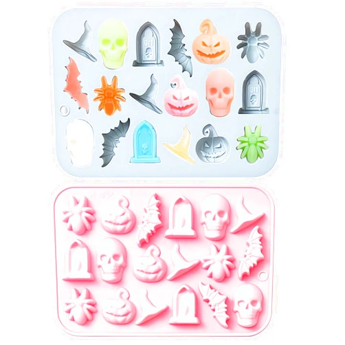 SOIDHSID 2PCS Halloween silicone Molds, 18 Designs Ghost Pumpkin Bat Skull Witch Hat for DIY Halloween Chocolate Candy Baking Molds