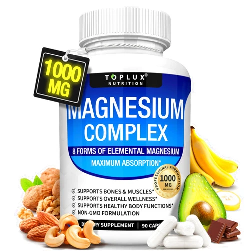 Toplux Magnesium Complex Supplement 8 Elemental 1000mg - Magnesium Glycinate, Citrate, Malate, Taurate, Chelated for Easy Absorption for Bones, Muscle, Recovery, Energy, Vegan Non-GMO 90 Capsules