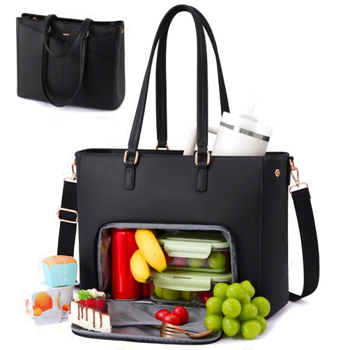LOVEVOOK Lunch Tote Bag for Women, 3 in 1 Work Bag with Insulated Lunch Compartment, Laptop Bag with Large Cup Holder for Office, College, Casual, Black