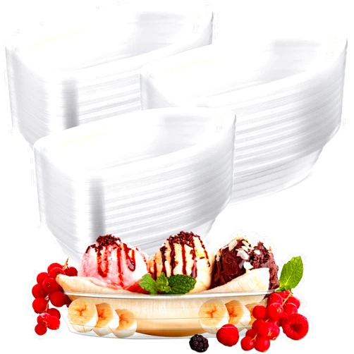 Rtteri 200 Pcs Banana Split Boat Plate 12oz Disposable Ice Cream Sundae Bowls Banana Split Bowls Clear PET Plastic Splits Bowl Tray for Party Dish Dessert Birthday Carnivals Gelato Home