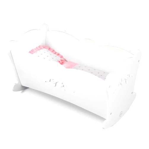 KidKraft Tiffany Bow Scalloped-Edge Wooden Lil Doll Rocking Cradle with Comforter, Pad and Pillow - White, Gift for Ages 3+