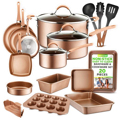 Nutrichef 20 Piece Professional Home Kitchen Cookware and Bakeware, Pots and Pans Set Non Stick Kitchenware, Cool-Touch Handles, Non Toxic, Safe for Gas, Electric, Induction Cooktops, Easy Clean
