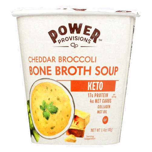 Power Provisions Cheddar Broccoli Bone Broth Soup Cups - Keto Instant Soup Cup - Collagen Infused with 17g of Protein - Gluten-Free Soup - 1.2 oz. - Pack of 1