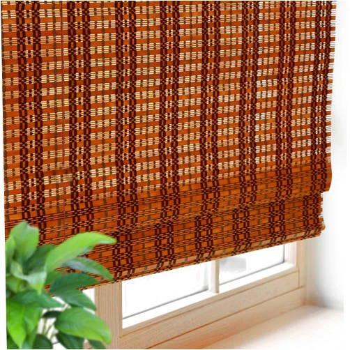 FACIMI Cordless Blackout Roman Bamboo Shades, Light Filtering Natural Woven Shades with 6 Inches High Valance, Custom Room Darkening Privacy Lined Bamboo Blinds for Windows, Doors, Carbon