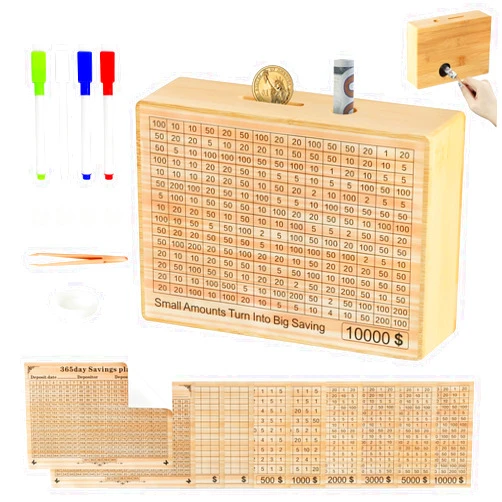Aixoom Wooden Money Saving Box, Money Banks with 10 Target Amount Dates, Reusable Cash Coin Bank, Adults Kids Piggy Bank Without Installation
