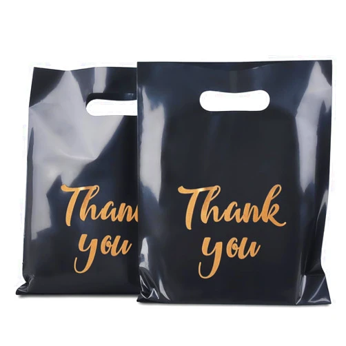 RainTick Merchandise Bags, 9 x 12 Inch Shopping Bags with Die Cut Handles, 100 Count Thank You Bags for Business Small, Plastic Shopping Bags for Boutique, Trade Show (Black)