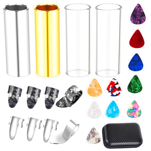 Augshy Guitar Slide, 4pcs Augshy Medium Guitar Slides(1 Stainless Steel, 1 Brass and 2 Glass), 4pcs Stainless Steel and 4pcs Plastic Thumb & Finger Picks, 10pcs Guitar Picks All in One Box Guitar Accessories